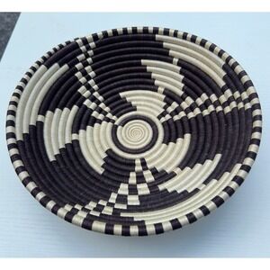 Handmade Woven Basket Bowl African Sisal Black Cream Geometric 10in